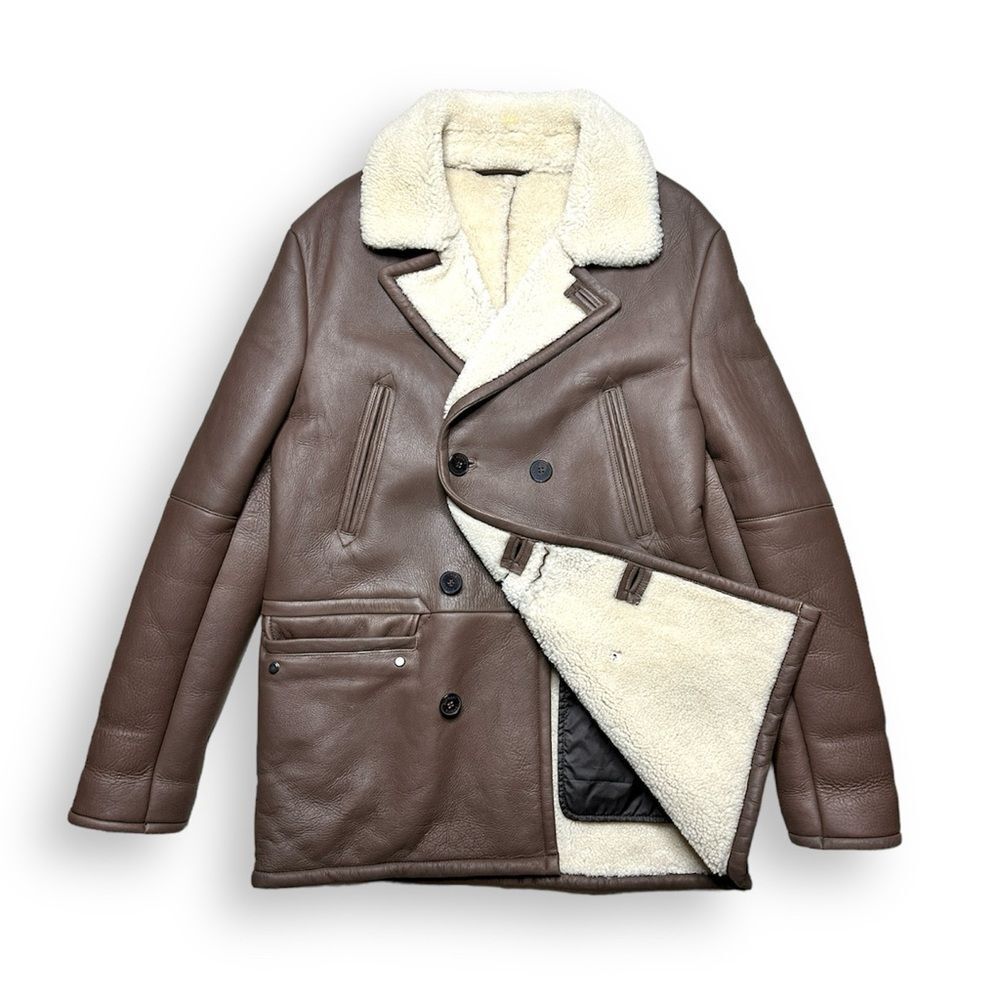 Lacoste Men Double Breasted Sheepskin Shearling Fur Wool Peacoat Medium